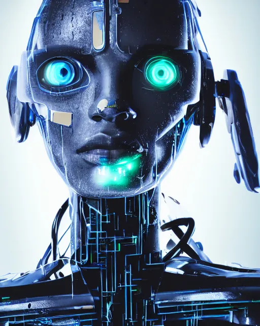 Prompt: photo of soulful female as a cyberpunk mecha humanoid robotic head and face parts with straight bright led lights, small light emitting cables, under a shower, wet skin with water dripping down face, ultra - realistic and detailed, long exposure 8 k