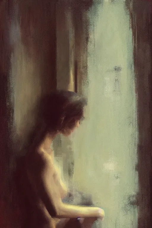 Image similar to a beautiful painting by christian hook of a woman in a bathroom, brushstrokes by jeremy mann, still life, dark colors