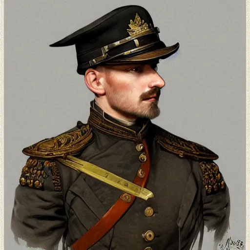 Image similar to portrait of a Male Prussian military soldier, short sliver hair, intricate, elegant, highly detailed, digital painting, artstation, concept art, smooth, sharp focus, illustration, 1900s, art by artgerm and greg rutkowski and alphonse mucha
