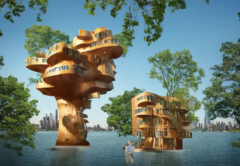 Image similar to a high resolution rendering of a mid century modern treehouse floating above new york city designed by frank gehry