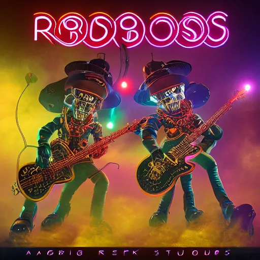 Image similar to album art, bandname is robos rock, rockband with 3 steampunk robots playing guitar and drums, 8 k, flourescent colors, halluzinogenic, multicolored, exaggerated detailed, front shot, 3 d render, octane