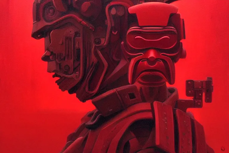 Image similar to only with red, a red cyborg samurai, tokio futuristic in background, some evil yokai, in the style of beksinski, parts by edward hopper, parts by rodcenko, parts by yue minjun, intricate and epic composition, red by caravaggio, insanely quality, highly detailed, masterpiece, red light, artstation, 4 k