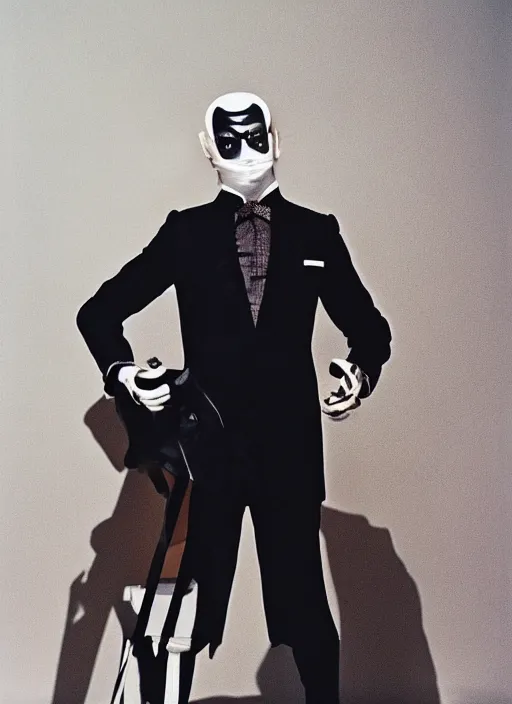 Image similar to a fashion portrait photograph of a man in a black suit wearing mask designed by jean paul gaultier, 3 5 mm, color film camera, pentax