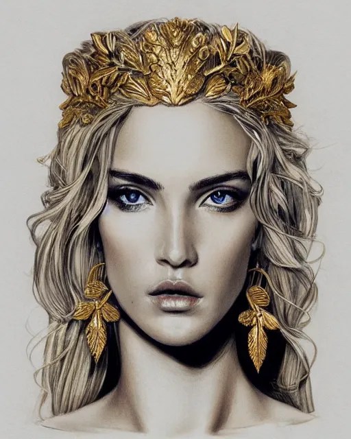 Image similar to front view of beautiful super model aphrodite greek goddess wearing a gold laurel wreath and triangle earrings, realism tattoo sketch, beautiful piercing eyes with sharp pupils, beautiful blonde hair, in the style of greg rutkowski, fantasy, amazing detail, epic, elegant, smooth, sharp focus