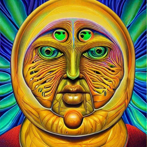 Image similar to Alex Grey painting of a lemon god, highly detailed, symmetrical, trending on artstation