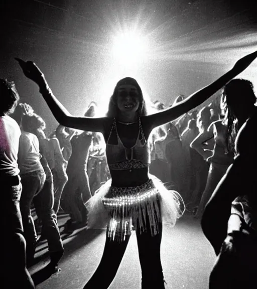 Image similar to portrait of a stunningly beautiful young hippie girl dancing at a crowded rave, rave lighting, stage lighting, lasers, spotlights, extremely colourful, epic cinematic lighting, smiling, pretty, alluring, by bruce davidson