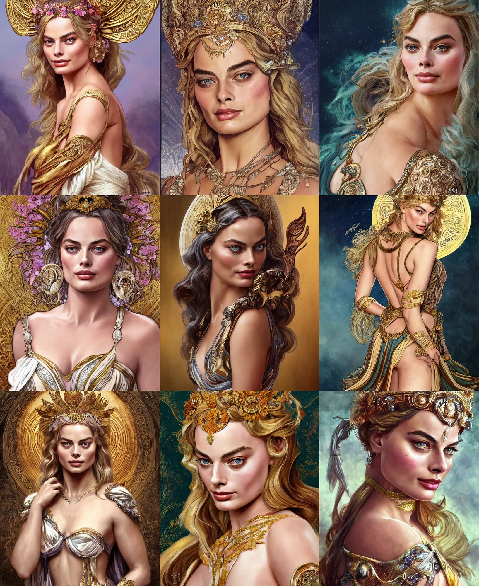 Prompt: Margot Robbie as a Greek Goddess, cute, fantasy, intricate, elegant, highly detailed, digital painting, 4k, HDR, concept art, smooth, sharp focus, illustration, art by artgerm and H R Giger and alphonse mucha