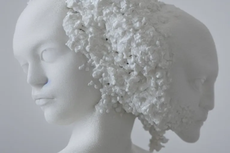 Image similar to full head and shoulders, beautiful female white, porcelain sculpture by daniel arsham and james jean, on a white background, delicate facial features, white eyes, white lashes, lots of 3 d perspex spheres attached to head with gold liquid flowing