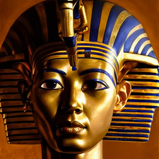 Prompt: a descendent of pharaoh tutankhamun, closeup portrait art by donato giancola and greg rutkowski