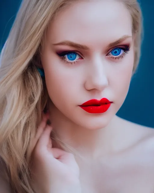 Image similar to A portrait of a beautiful blonde woman with beautiful blue eyes and beautiful red lips, piercing eyes, in heaven, highly detailed, bokeh, professional photograph, full body shot 4K, HD