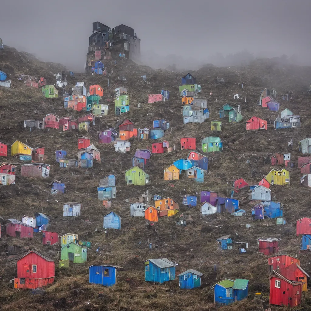 Image similar to two towers, made up of colourful makeshift squatter shacks, uneven dark fog, dystopia, sony a 7 r 3, f 1 1, ultra detailed, photographed by jeanette hagglund