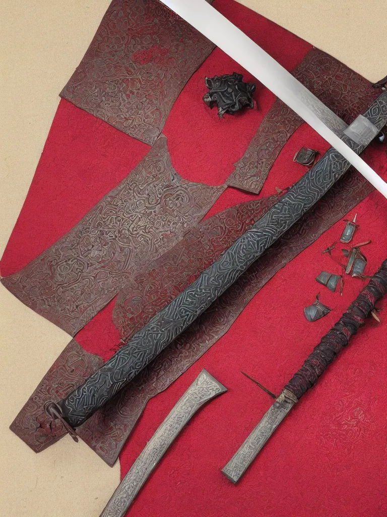 Prompt: a katana with a square tsuba sheathed inside a crimson colored scabbard, hyperdetailed