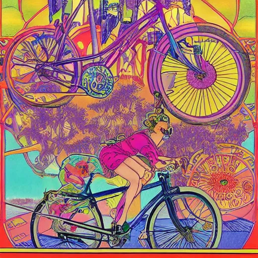 Image similar to hoffman bicycle trip, blotter art, in the style of robert crumb and lisa frank, studio ghibli, mucha, art nuevo, art deco, beautiful nature, serenity, cartoon, realistic, photograph, trending on artstation, vivid, surreal, beautiful, loving athmosphere