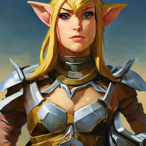 Image similar to greg manchess portrait painting of armored female link from legend of zelda as overwatch character, medium shot, asymmetrical, profile picture, organic painting, sunny day, matte painting, bold shapes, hard edges, street art, trending on artstation, by huang guangjian and gil elvgren and sachin teng