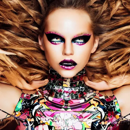 Prompt: Close up of female fashion model in year 3000, model wearing a fancy dress with print of a female body on dress, photography , fashion magazine editorial , highly detailed