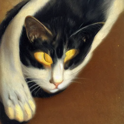 Prompt: detailed oil painting of a cat resting on a couch, 1 9 th century, by mirai mizu, by ralph bakshi, by caravaggio, by georgia o keeffe