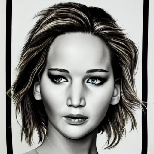 Image similar to Jennifer Lawrence, head and shoulders portrait, extremely detailed masterpiece, one single continues line.