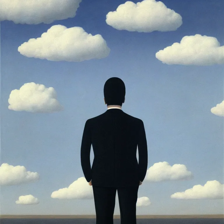 Image similar to portrait of a faceless shadow - head man in a suit, clouds in the background, by rene magritte, detailed painting, distance, centered, hd, hq, high resolution, high detail, 4 k, 8 k