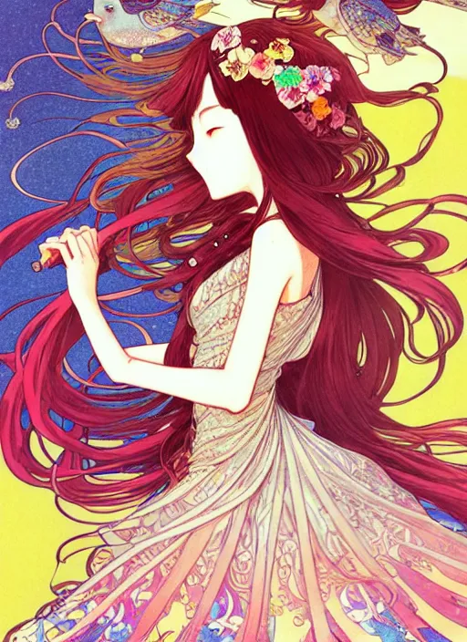 Prompt: exquisite imaginative manga poster of a girl, long wavy hair, birds, rococo dress, shimmering, by kojima ayami, shigenori soejima, minaba hideo, alphonse mucha, jump comics, shogakukan, illustration, artstation, highly detailed, 8 k, fluorescent, maximalist