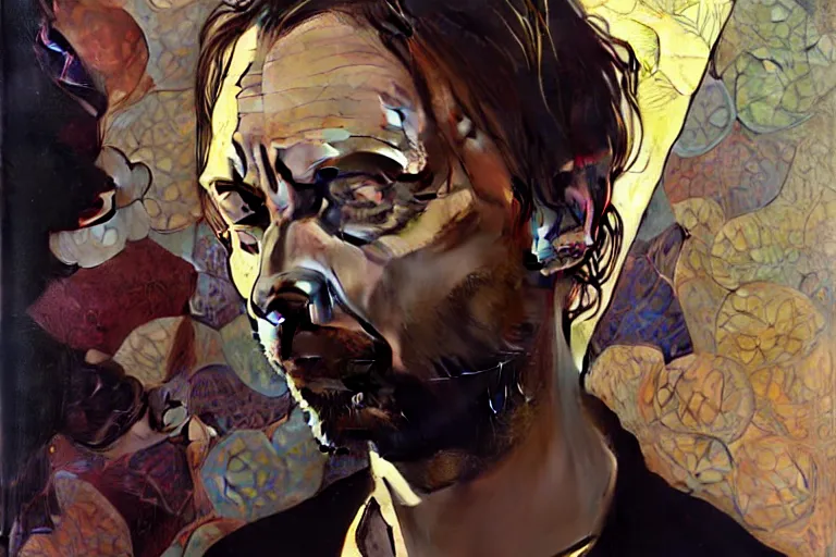 Image similar to hyper realistic portrait of thom yorke singer songwriter, side, liminal space, by lee bermejo, alphonse mucha and greg rutkowski