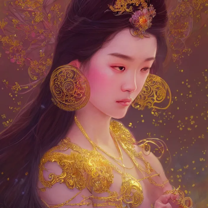 Prompt: asian princess with sparkling eyes, full body portrait, highly detailed, gold filigree, fantasy, soft cinematic lighting, award, disney concept art, watercolor illustration by mandy jurgens and alphonse mucha and alena aenami, pastel color palette, featured on artstation