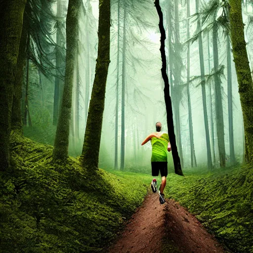 Prompt: athletic guy runs through a forest with tall trees, acid-green sneakers, a photo from the back, perspective, art by Filip Hodas