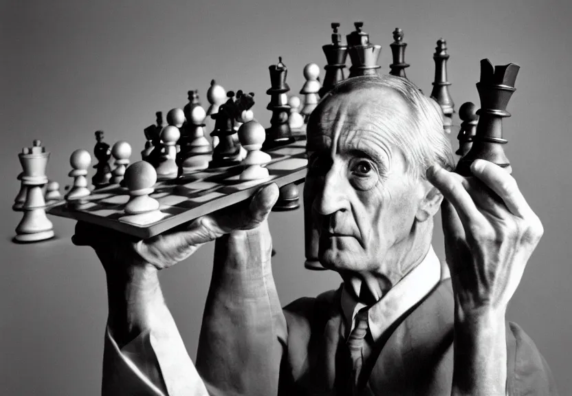 Image similar to a man holding up a bunch of chess pieces, a character portrait by marcel duchamp, flickr contest winner, precisionism, surrealist, studio portrait, provia