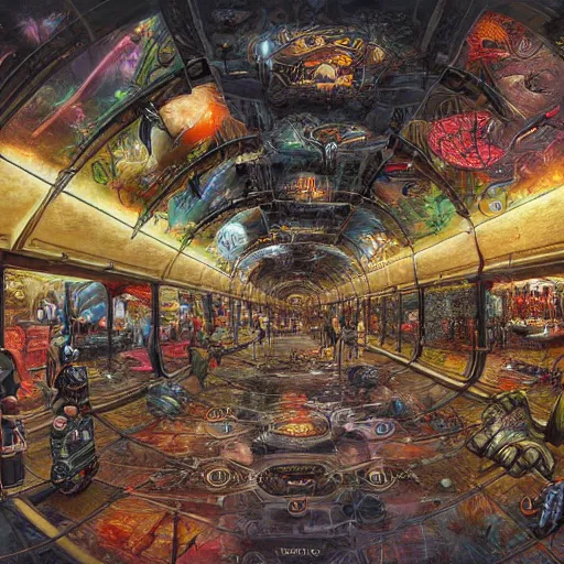 Prompt: intergalactic shopping mall directory by Dan Seagrave and by Dan Witz, glossy digital painting, fantasycore