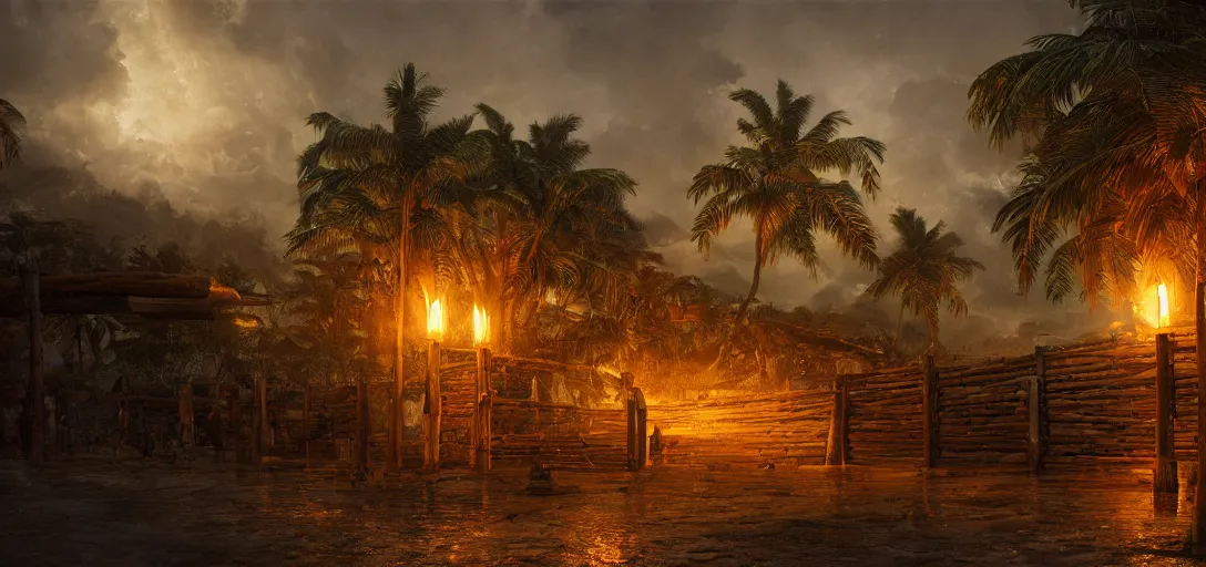 Prompt: wooden palisade wall on a tropical island kit by torches in a Storm night, intricate Details, raphael lacoste, eddie mendoza, alex ross, concept art, matte painting, highly detailed, rule of thirds, dynamic lighting, cinematic, detailed, denoised, centerd, clean render