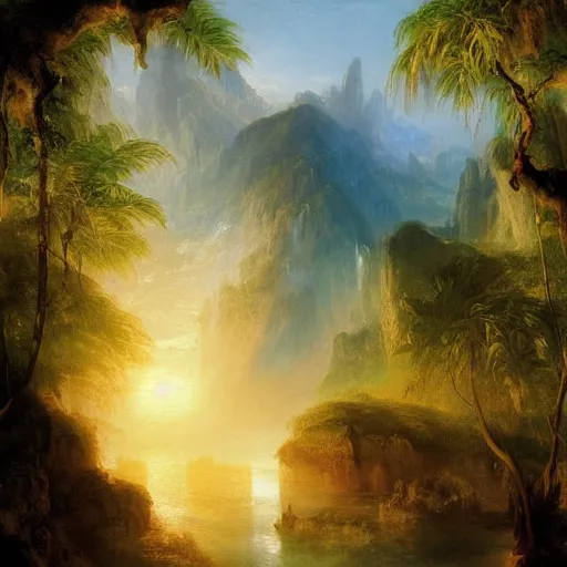 Prompt: Detailed exterior of sunny island, sparkling cove, epic light, sparkling cove, tropical landscape, lush vegetation, bamboo huts, In style of Peter Mohrbacher, art of J.M.W. Turner