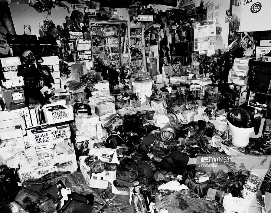 Image similar to Alex Jones in his garage office inventing conspiracy theories, surrounded by boxes of herbal supplements and trash and TVs, a group of SWAT police kicking in the door, tear gas and smoke, alex jones fighting police, detailed photograph high quality