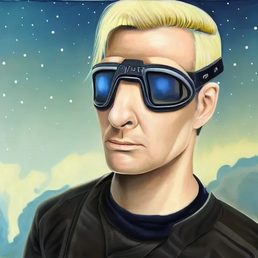 Prompt: painting of square - jawed emotionless serious blonde woman starship engineer, tribal tattoos, handsome, short slicked - back hair, sweating, uncomfortable and anxious, looking distracted and awkward, wearing victorian dark goggles, white tank top, cargo pants, and gloves, small spacecraft in background, highly detailed, mike mignogna, trending on artstation