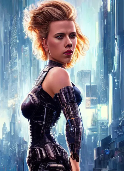 Image similar to full length photo of scarlett johansson the cover of sports illustrated 1 9 6 5, cyberpunk, science fiction, intricate, elegant, highly detailed, digital painting, artstation, concept art, matte, sharp focus, illustration, hearthstone, art by artgerm and greg rutkowski and alphonse mucha