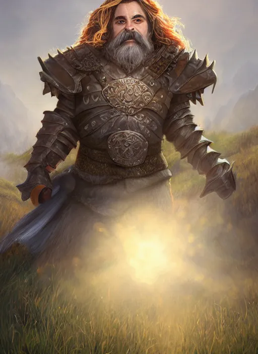 Prompt: A fantasy portrait painting of a male dwarf wearing leather armor on a beautiful meadow, DAZ, hyperrealistic, ambient light, dynamic light, trending on artstation, d&d, RPG portrait