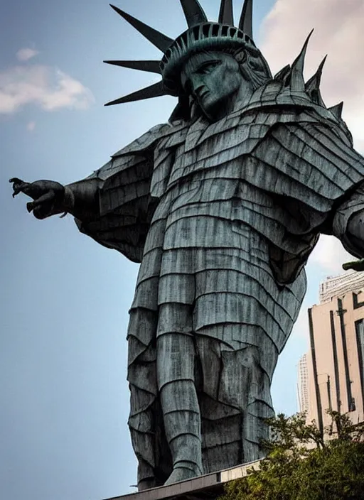 Image similar to giant monster walking between buildings, and it has the angry face of the statue of liberty