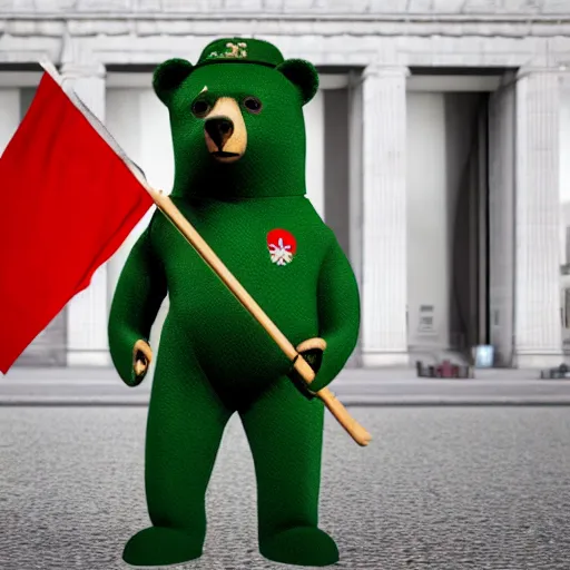 Image similar to a portrait of a socialist bear in a green military uniform with a hat, waving a red flag in Berlin, 4K realistic, hyper detailed, cinematic lighting, wow factor, award winning photo