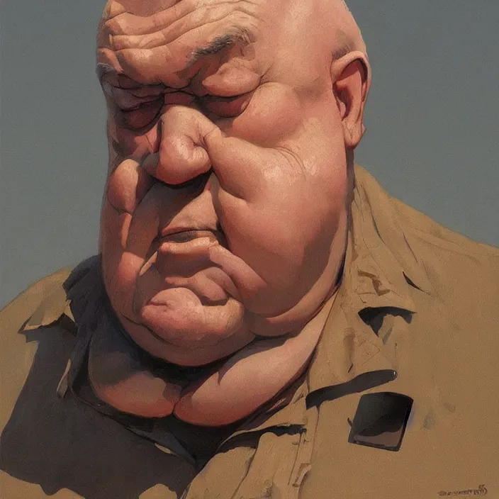 Image similar to old fat man portrait with a paper bag over the head, highly detailed, artstation, art by ian mcque, ilya kuvshinov, zdislav beksinski, wayne barlowe, edward hopper