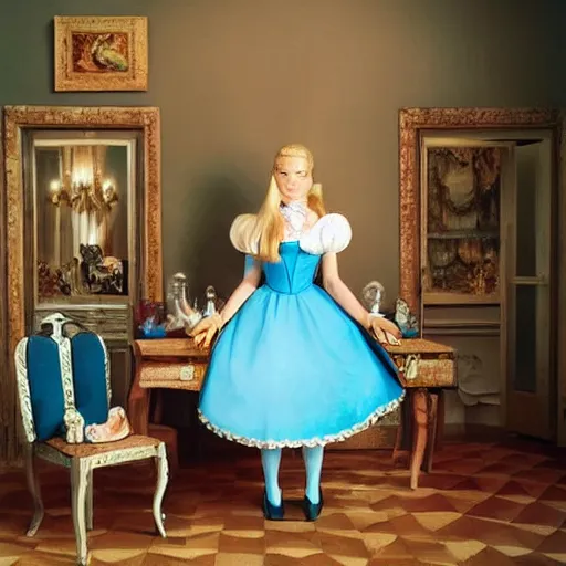 Prompt: alice in the wonderland, chairs, wood floor, blue dress, blonde by cheval michael