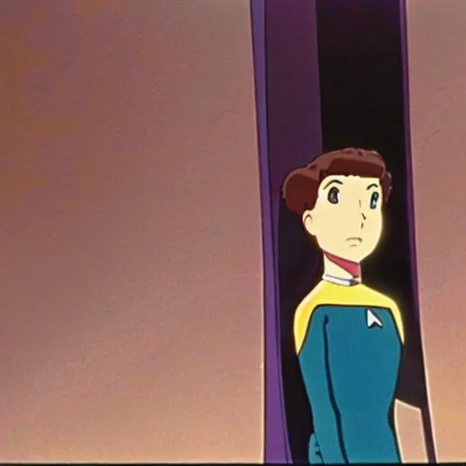 Image similar to movie still of star trek, woman in dress, studio ghibli