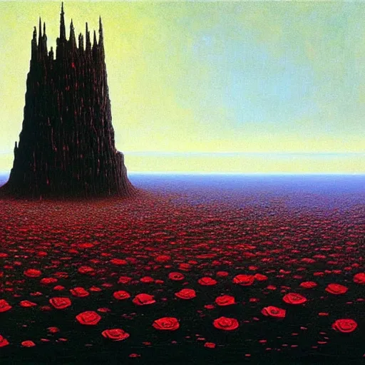 Image similar to the dark tower in a field of roses, surrealism, cosmic western, masterpiece oil painting, beksinski, barlowe