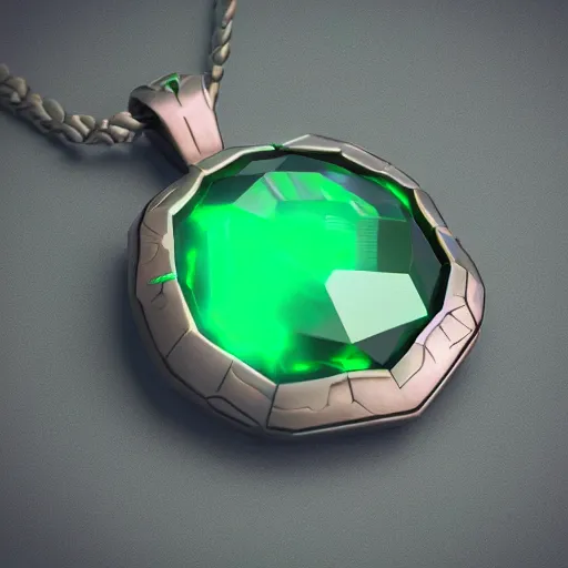 Image similar to shiny metallic amulet with a glowing emerald, highly detailed, concept art, beautiful, octane render, realistic, unreal engine, sharp focus