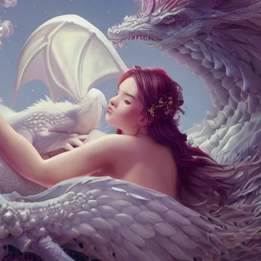 Prompt: the beautiful render of a girl lies in the arms of the huge white dragon in the fairyland surrounded by white clouds, in the style of victo ngai, animation style, 8 k render, trending on cgsociety, hyperrealism, highly detailed