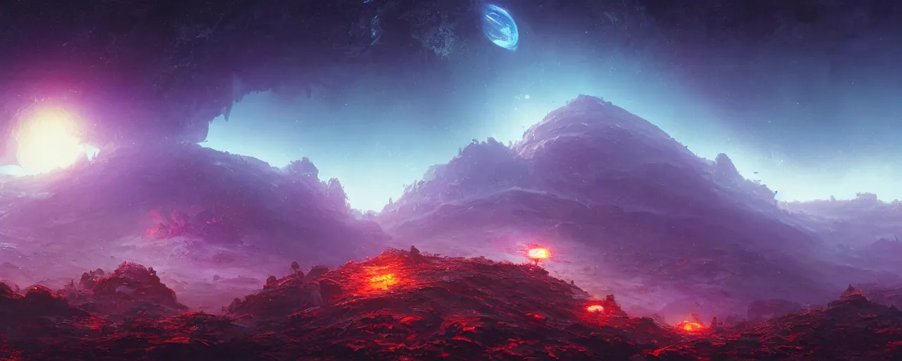 Image similar to ” outer planet landscape, [ cinematic, detailed, epic, widescreen, opening, establishing, mattepainting, photorealistic, realistic textures, octane render, art by paul lehr ] ”