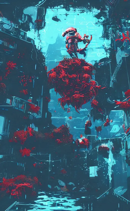Prompt: soma game art style, drowning astronaut under water, red or blue plants, panic, hyperdetailed, hyperrealistic, cyberpunk style