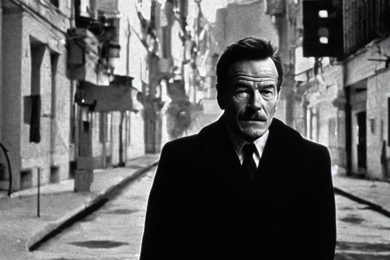 Image similar to film still of bryan cranston in cosmic horror! the musical by david cronenberg, budapest street background, 3 5 mm film, atmospheric, ultra fine detail, film grain, photorealistic