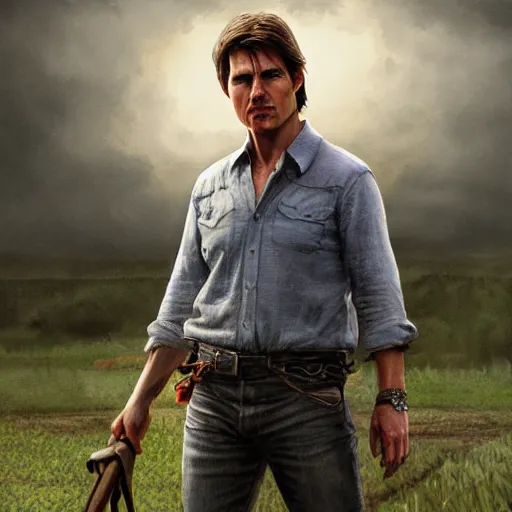 Image similar to Tom Cruise as a farmer, high resolution fantasy concept art, realistic, intricate details, soft lighting