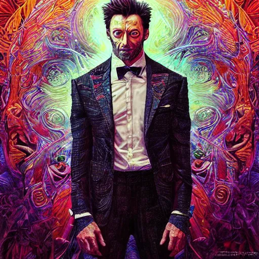 Prompt: portrait of hugh jackman, hyper detailed masterpiece, neon floral pattern, jean giraud, digital art painting, darkwave goth aesthetic, psychedelic, artgerm, donato giancola and tom bagshaw