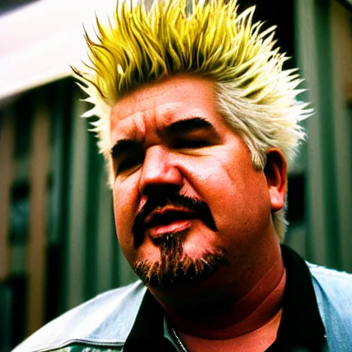 Prompt: A dramatic, foreboding low-angle close-up portrait of Guy Fieri, sublighting, F 2.8, 85mm Velvia 100, low ISO, by Wes Craven