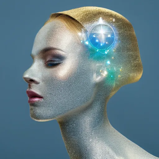 Prompt: portrait of a beautiful futuristic woman layered with high-tech jewelry wrapping around her face and head, golden-silver light with tiny blue gems scattered like dust