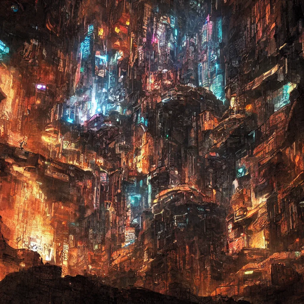 Image similar to a cave painting of a cyberpunk cave